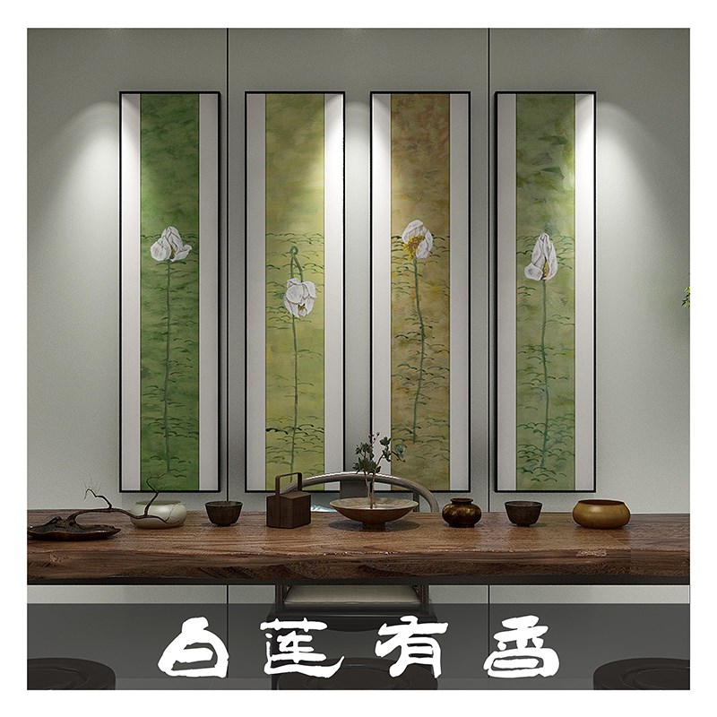 新中式装饰画荷花禅意条屏挂画别墅民宿玄关手绘莲花肌理浮雕壁画图片
