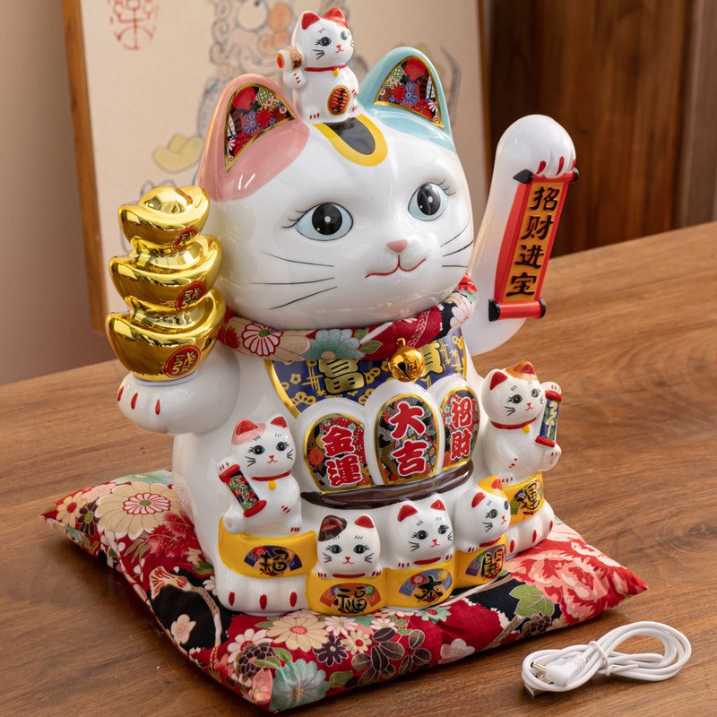 精致摇手招财猫摆件 中号特大号电动睁眼发财猫居家装饰商铺开业