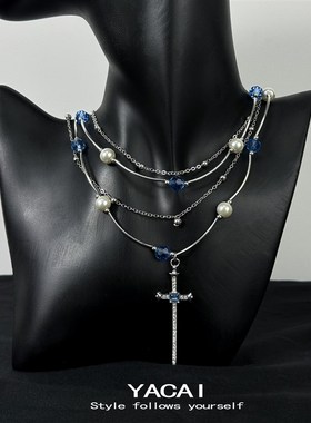 多层叠戴珍珠项链十字架吊坠小众复古锁骨链蓝色圆珠拼接毛衣链