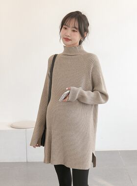 软糯百搭~孕妇毛衣中长款秋冬季韩版纯色立领宽松长袖针织打底衫