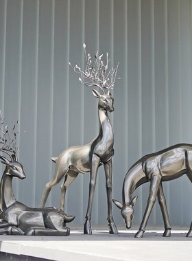 园林景观玻璃钢抽象鹿雕塑户外售楼部仿铜梅花鹿草坪装饰大型摆件