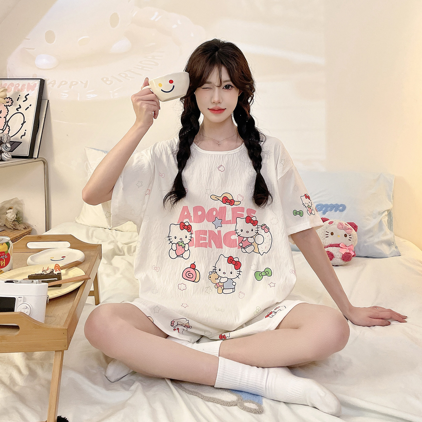 睡衣女2026新款kitty猫圆领云朵棉少女短袖短裤学生夏季家居服