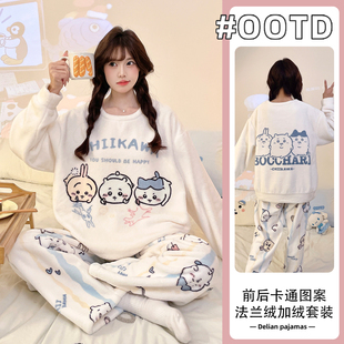 睡衣女法兰绒2026年新款秋冬乌萨奇珊瑚绒长袖圆领套头家居服套装