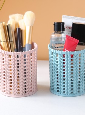 简约小清新创意藤编塑料笔筒多功能镂空桌面文具圆形化妆工具收纳