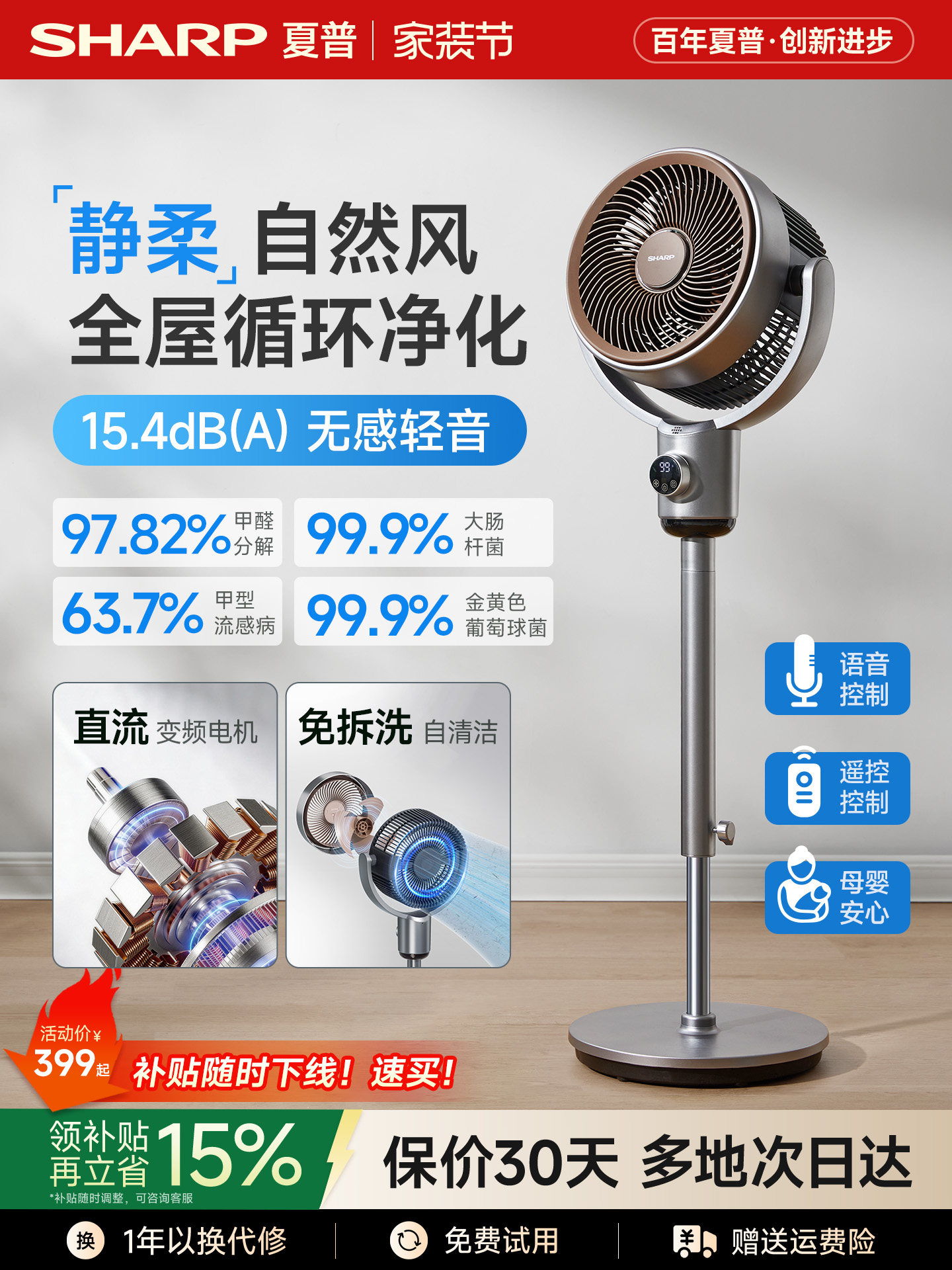 พัดลมหมุนเวียนอากาศ Sharp Wind Elf สำหรับบ้านและห้องนอน เงียบ ลมแรง พัดลมไฟฟ้า DC แบบตั้งพื้น ควบคุมระยะไกลในแนวตั้ง