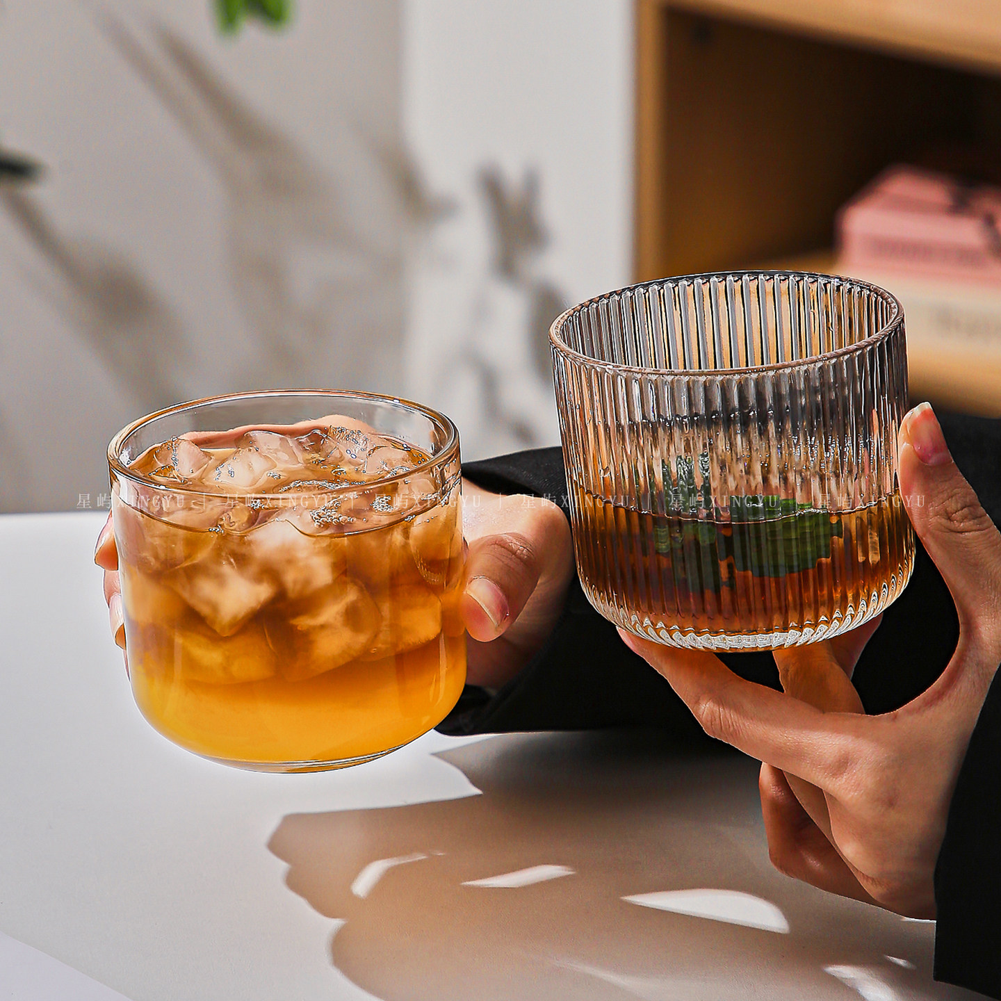 简约条纹玻璃咖啡杯ins风高颜值