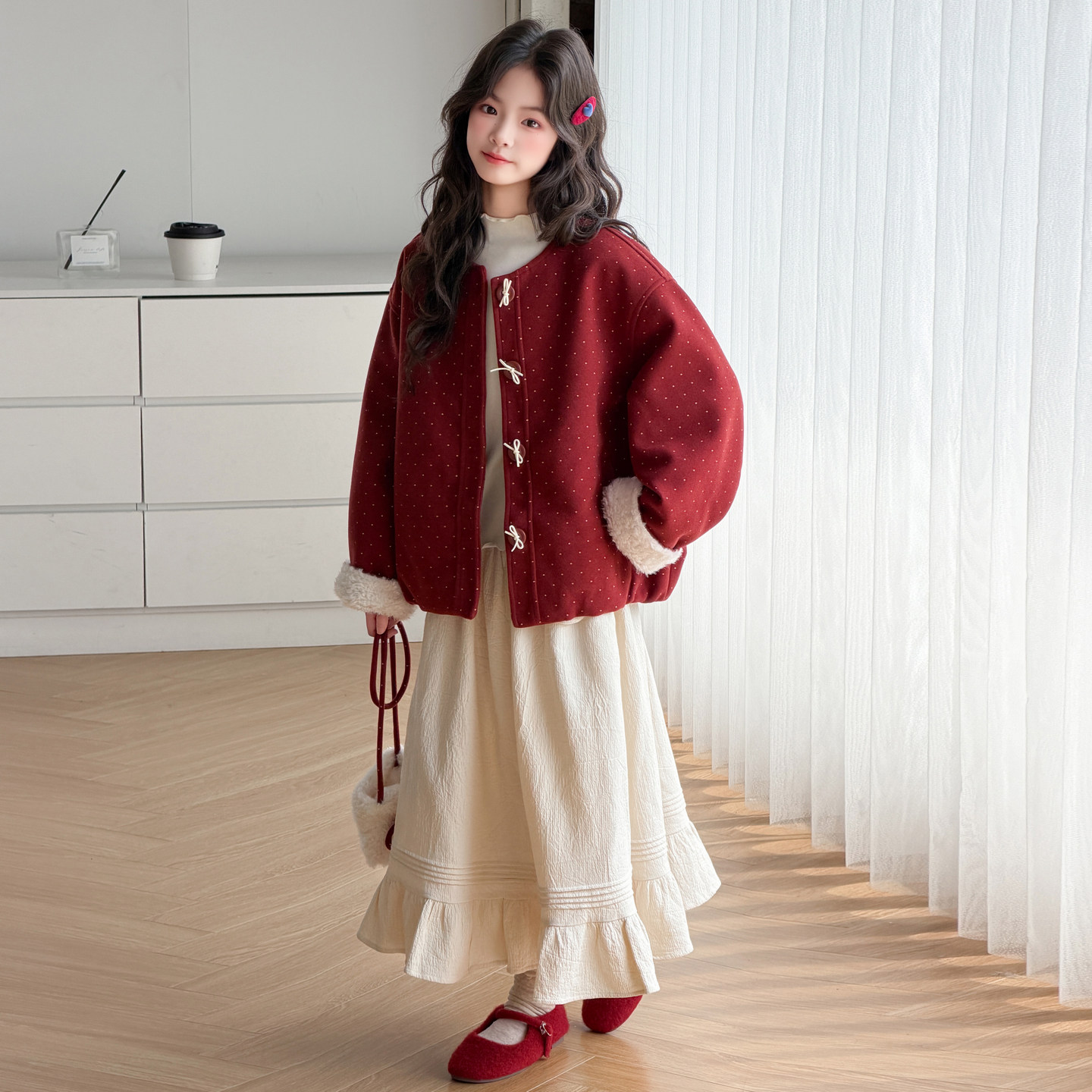 女大童秋冬红色波点短毛呢外套