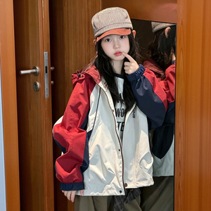 女大童春秋拼色连帽防风冲锋衣