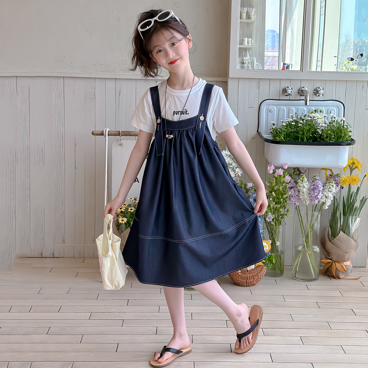女童牛仔背带裙夏新款两件套