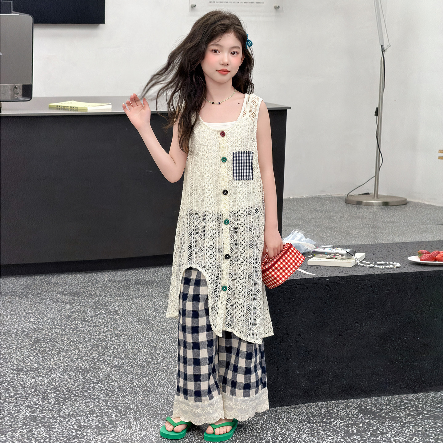 女童韩系夏装针织镂空格子两件套