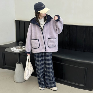 女童秋冬装加厚外套2025新款韩版洋气连帽羊羔绒女大童保暖毛毛衣