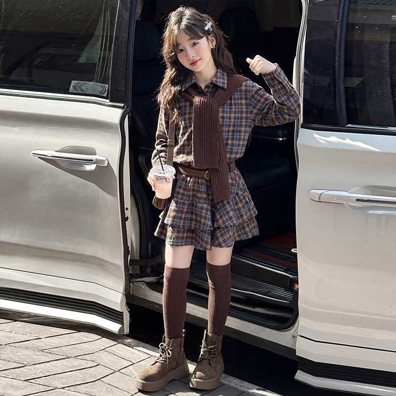 女大童复古格子收腰衬衫裙秋装