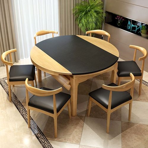 家庭餐桌火烧石餐桌椅组合现代简约可伸缩圆台吃饭桌子实木餐桌家