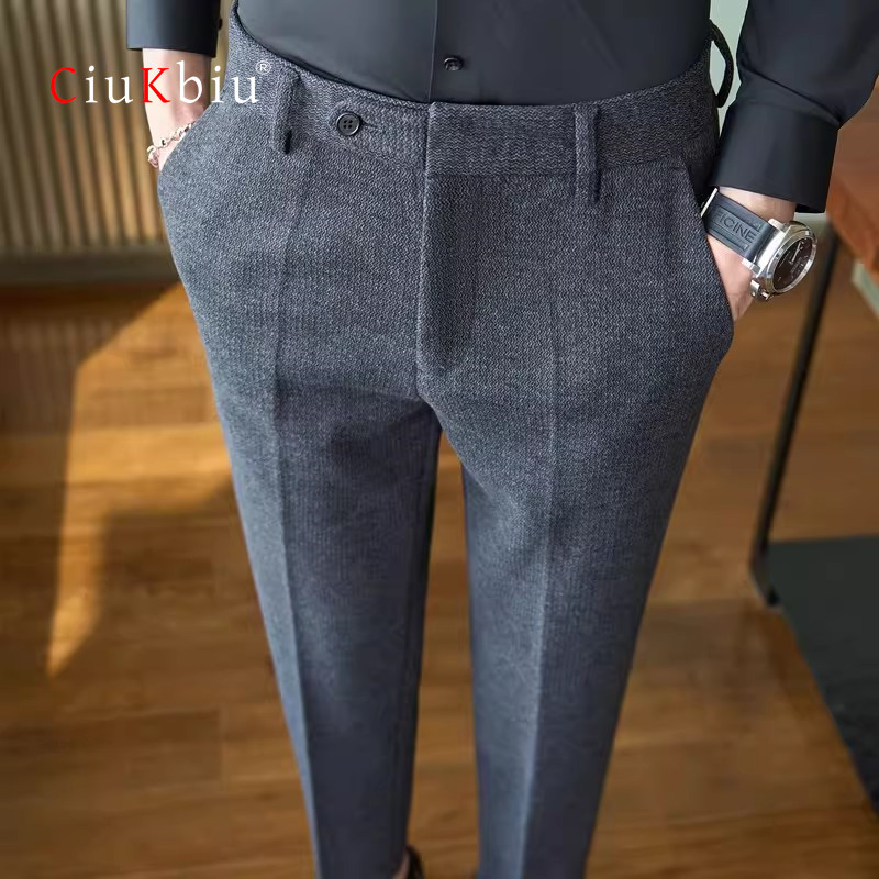 意大利加厚羊毛西裤男士高端毛呢人字纹休闲裤商务正装西装裤子男