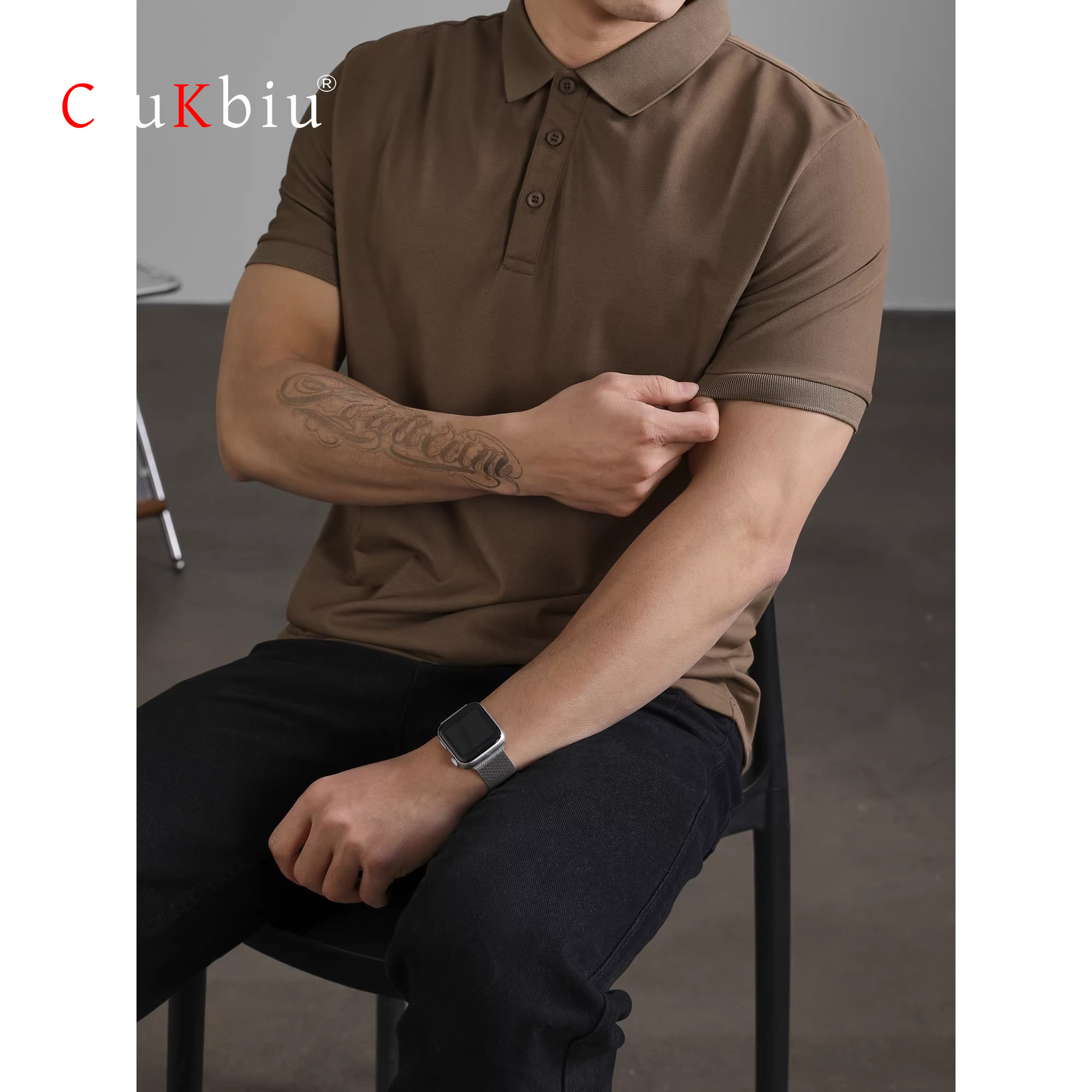 意大利通勤纯色短袖POLO衫男款复古水洗体恤衫翻领短袖修身上衣男