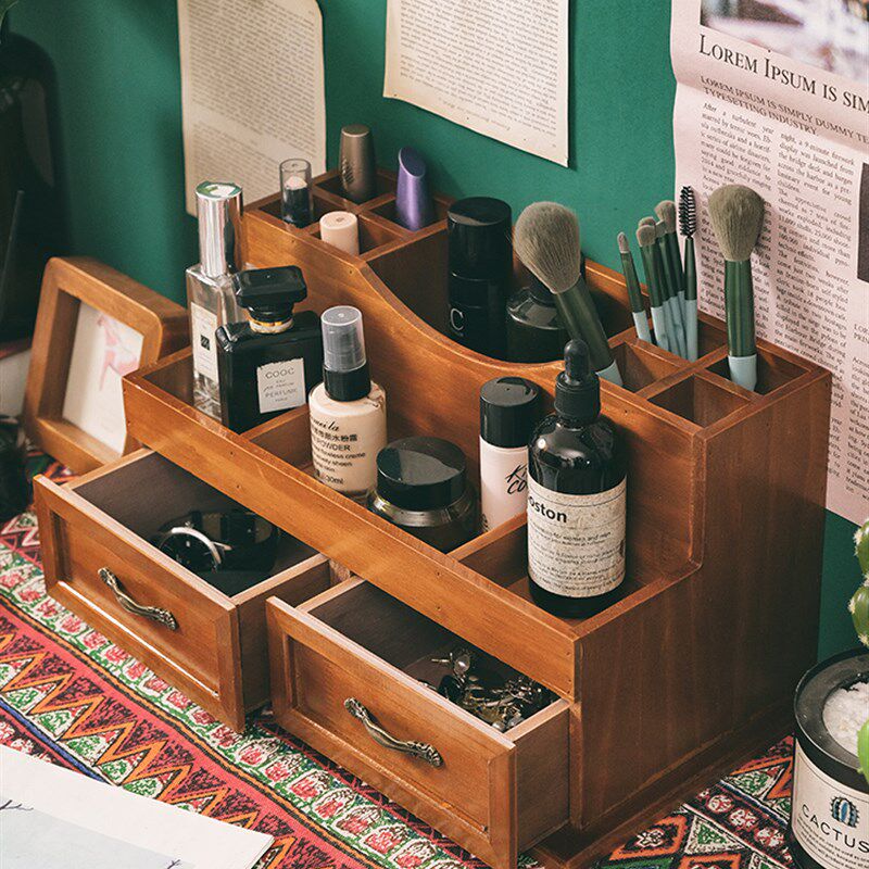 复古风木质寝室桌面收纳盒化妆品大容量桌上置物架家用防尘小柜子