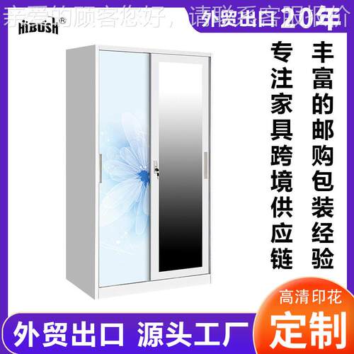 亚马逊热卖印花衣柜铁艺推拉移门收纳柜卧室钢制更衣柜家用储物柜