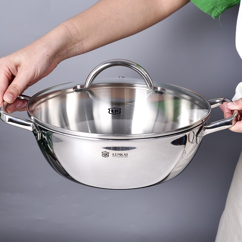 伦凯18/10不锈钢加厚双耳火锅无涂层小炒锅炖煎煮多用锅24-26cm