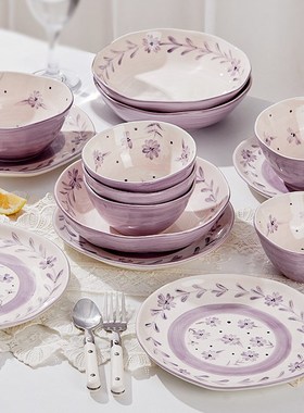 好看的陶瓷米饭碗家用5寸吃饭的碗清新餐具盘子碗套装ns紫色的碗