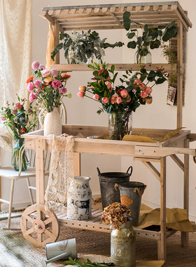 田园乡村复古落地家居推车木质花架花店陈列展架多功能摆件