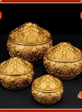金蟾铜聚宝盆带盖百福缸摆件客厅米缸家用铜开业礼品