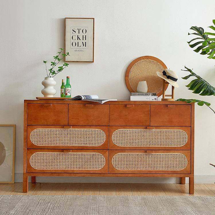 北欧实木斗柜家用卧室藤编复古抽屉储物柜民宿日式多功能收纳斗柜