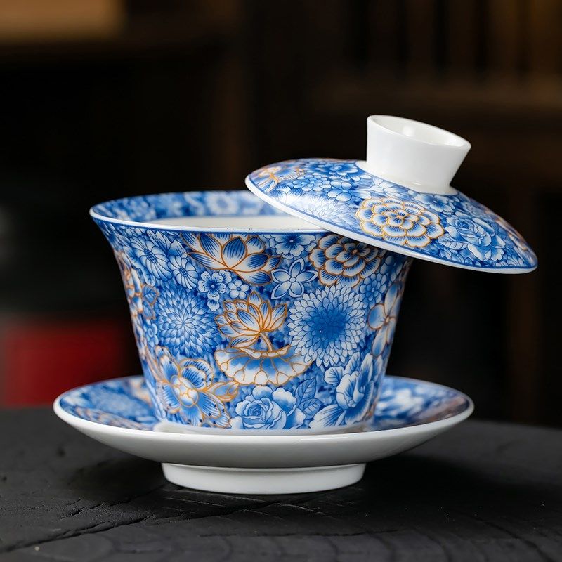 可悬停青花盖碗单个家用泡茶碗带盖大茶杯珐琅彩中式功夫茶具,餐饮具,盖碗,淘宝优惠券,粉丝福利购,淘宝优惠卷
