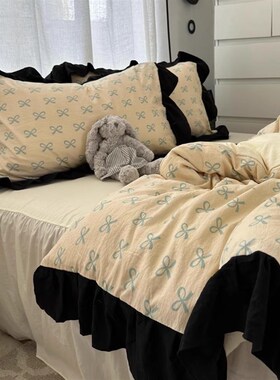 ns少女赫本花边床裙蓝色蝴蝶结水洗棉床单床笠