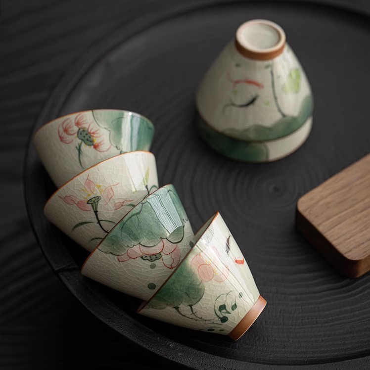 哥窑手绘荷花斗笠杯釉下彩冰裂主人杯家用商务茶杯礼品套装可logo