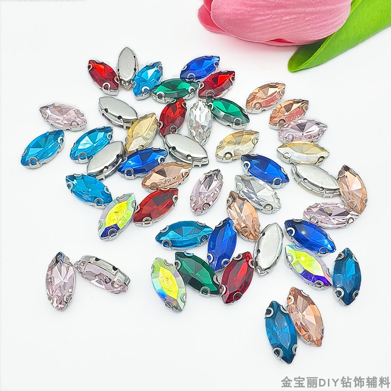 7*15mm马眼玻璃水钻D爪带孔手缝爪钻diy手工材料配件服装饰品辅料