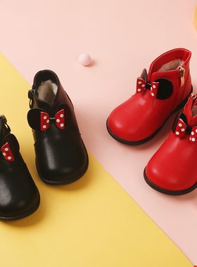 女童真皮短靴秋冬款新款公主靴子加绒鞋二棉鞋女宝宝小童皮鞋童鞋