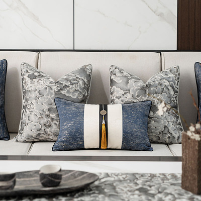 现代新中式沙发抱枕套蓝色靠枕样板间别墅客厅靠垫套拼接流苏腰枕