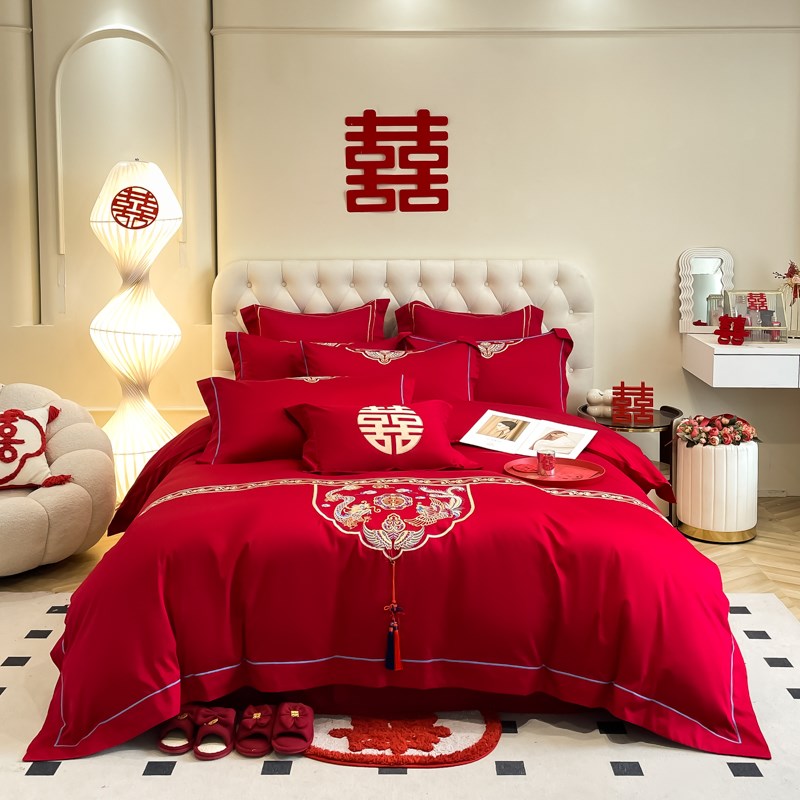 高端奢华100支结婚喜庆四件套红色刺绣被套新婚床单婚庆床上用品4