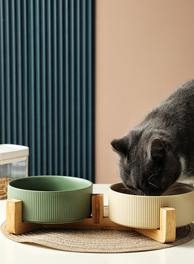 黑色陶瓷猫咪狗狗水碗宠物碗一体易清洁木架双碗猫食盆防打翻喝水