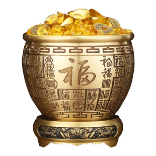 黄铜米缸百福铜缸纯铜聚宝盆摆件客厅家居店铺大号存钱罐黄土米缸