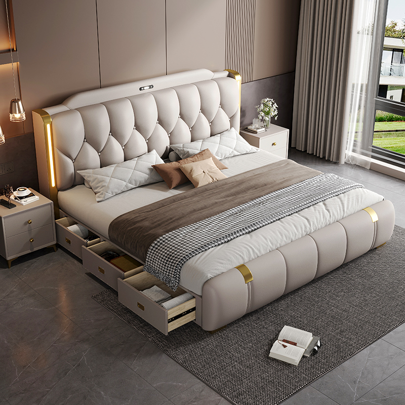 新款多功能真皮床轻奢简约主卧室双人软包床意式带灯储物抽屉婚床
