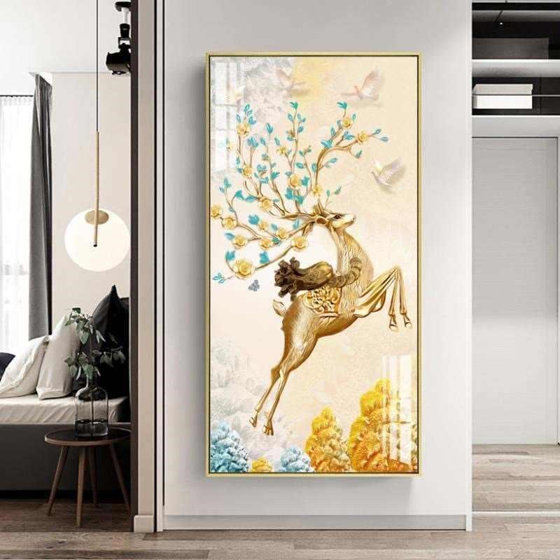 厂家入户玄关装饰画过道壁画竖版走廊尽头挂画简约客厅轻奢欧式鹿图片