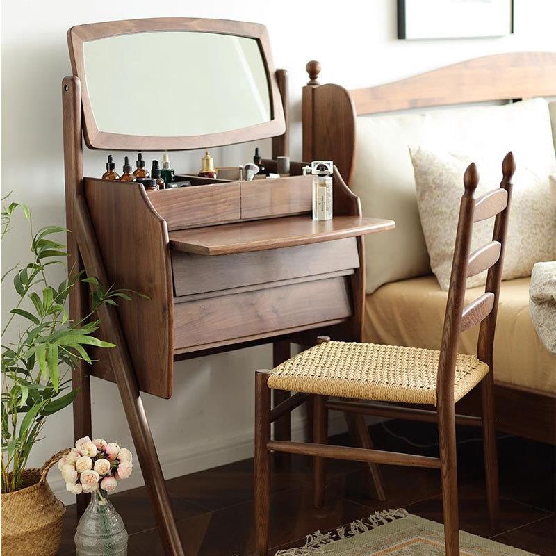 北欧黑胡桃木梳妆台实木现代简约化妆桌卧室收纳小户型化妆台