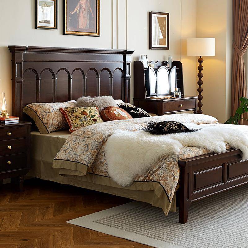 法式复古实木床后现代简约主卧家具手工雕花大床美式轻奢双人婚床