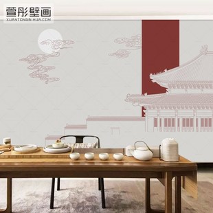 新中式酒店客厅背景墙布饭店包厢墙面装饰墙纸楼阁壁画茶室壁纸布