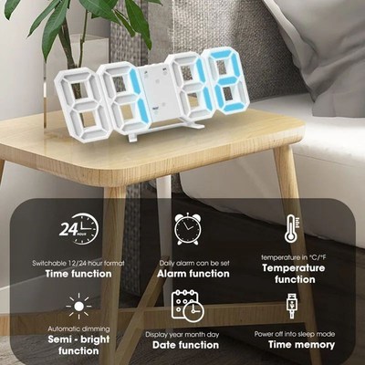 3D LED Digital Alarm Clock Wall Clock, Desk Alarm Clock,Time