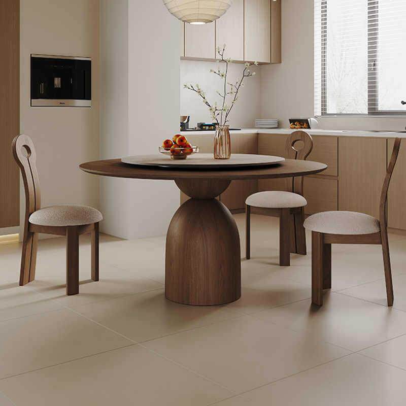 黑胡桃木中古风圆形餐桌带转盘圆桌家用小户型设计师实木餐桌椅