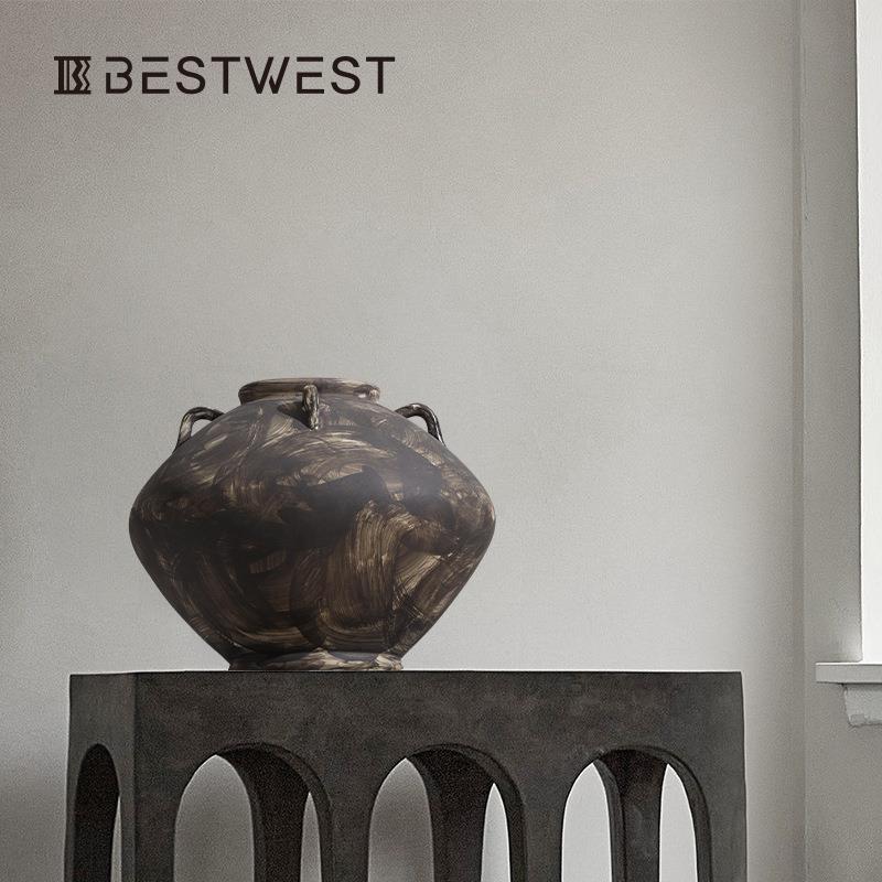Bestwest大肚粗陶复古做旧陶瓷花瓶摆件高档新中式装饰品陶罐
