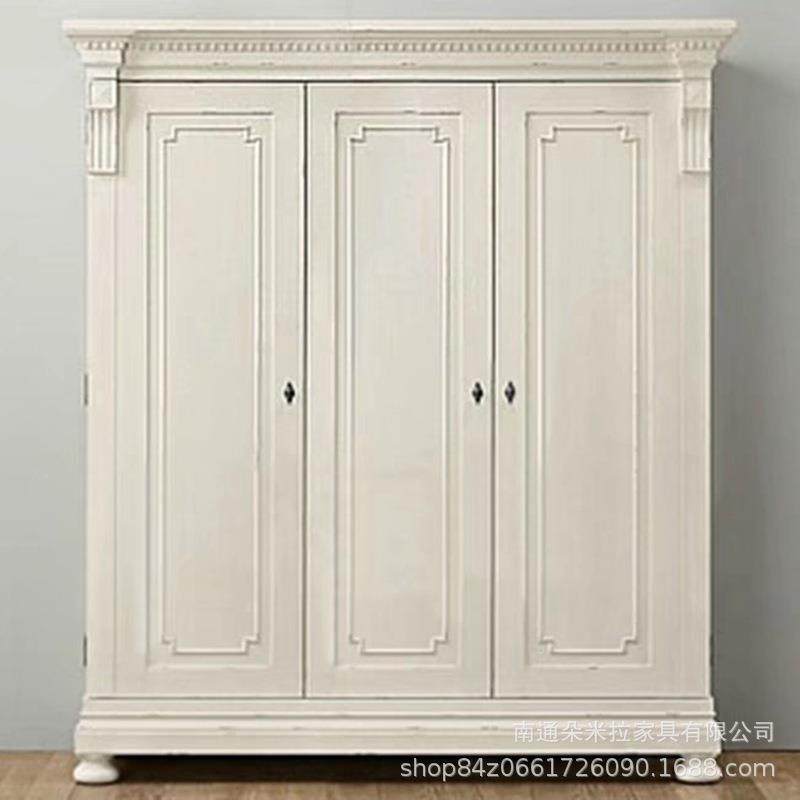 美式实木衣柜白色双开门复古橡木衣橱卧室轻奢雕花衣橱
