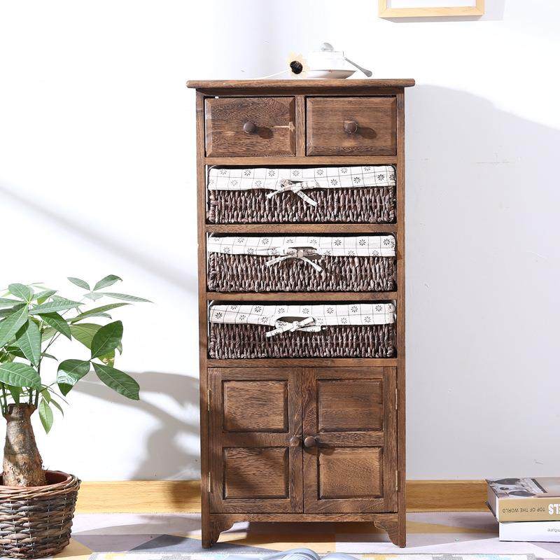 藤编框抽屉柜实木储物床头柜多抽屉斗R$H田园复古收纳斗柜客厅柜
