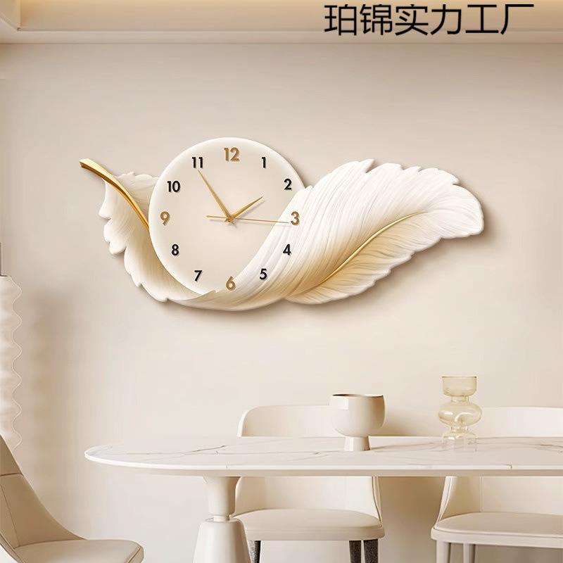 静音钟表挂钟餐厅带灯装饰画羽毛轻奢高级感客厅挂画LED灯画新款