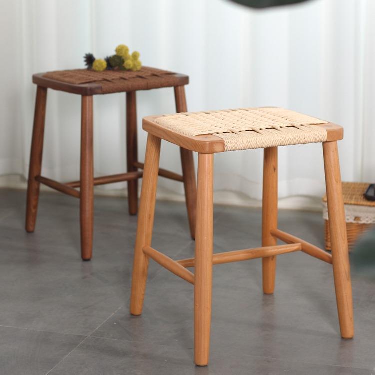 北欧樱桃木小方凳现代简约客厅餐桌凳家用白橡木编绳化妆凳