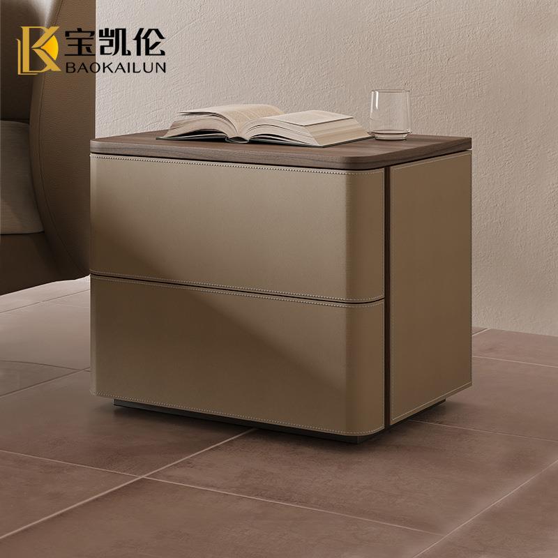 意式极简床头柜家用高档马鞍皮现代简约卧室设计师胡桃木纹收纳柜