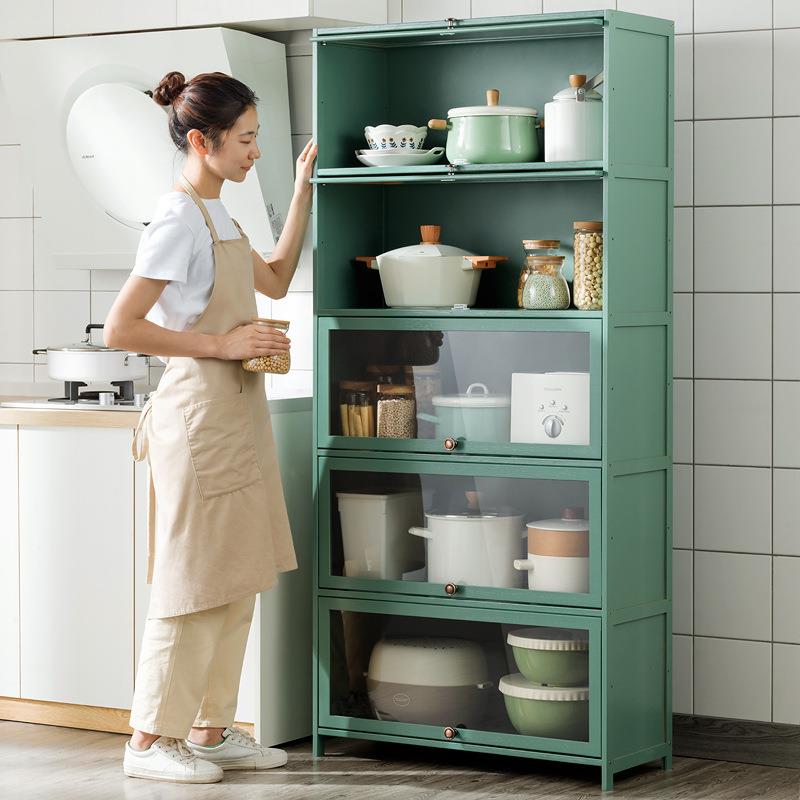 厨房用品收纳柜落地多层碗橱柜客厅阳台置物架带门储物柜竹木书柜
