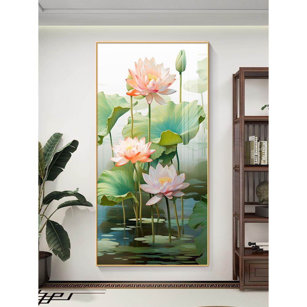 新中式荷花图玄关挂画和气生财莲花正对门壁画竖版2024新款装饰画